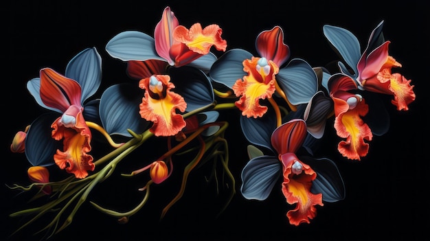 Arte dell'orchidea Orchidea di fuoco nero fantasia elegante Fiori mistici Motivo floreale unico