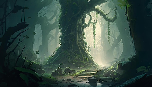 Arte della pittura digitale della foresta fantasy, paesaggio fantastico