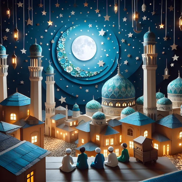 Arte della silhouette della moschea durante la notte santa del Ramadan Ramadan Kareem Saluto con la mezzaluna