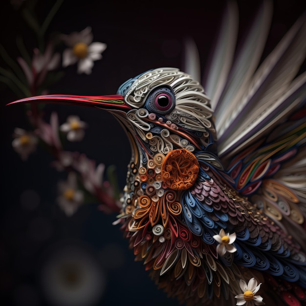 Arte di carta di un colibrì con fiori