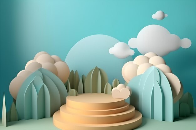 Arte di carta di un paesaggio con un cerchio rotondo e una montagna sullo sfondo.