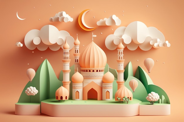 Arte di carta di una moschea con alberi e nuvole