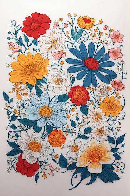 Arte di contorno sottile di un vettore colorato carino che traccia un motivo di fiori illustrato su sfondo bianco