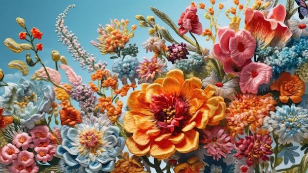 Arte di fiori colorati su sfondo bianco illustrazione Ricamo floreale immagine HD