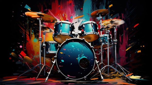 Arte di strada di musica jazz AI generativa con silhouette di strumenti musicali a batteria