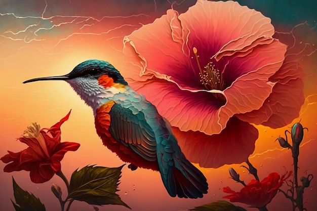 arte di un colibrì e un fiore di ibisco misto