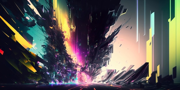 Arte digitale astratta con effetti glitch e colori al neon IA generativa