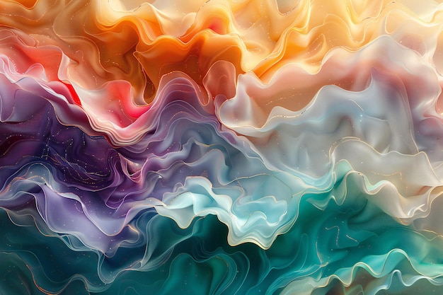 Arte digitale astratta di una composizione colorata e fluida iridescente con forme fluide in diversi