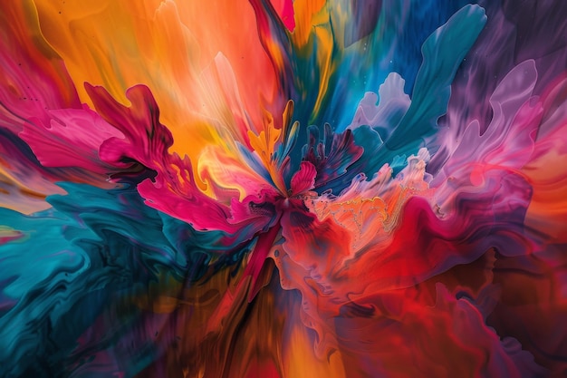 Arte digitale astratta vibrante con colori vorticosi che creano un'esplosione sorprendente di rossi, blu, gialli e viola