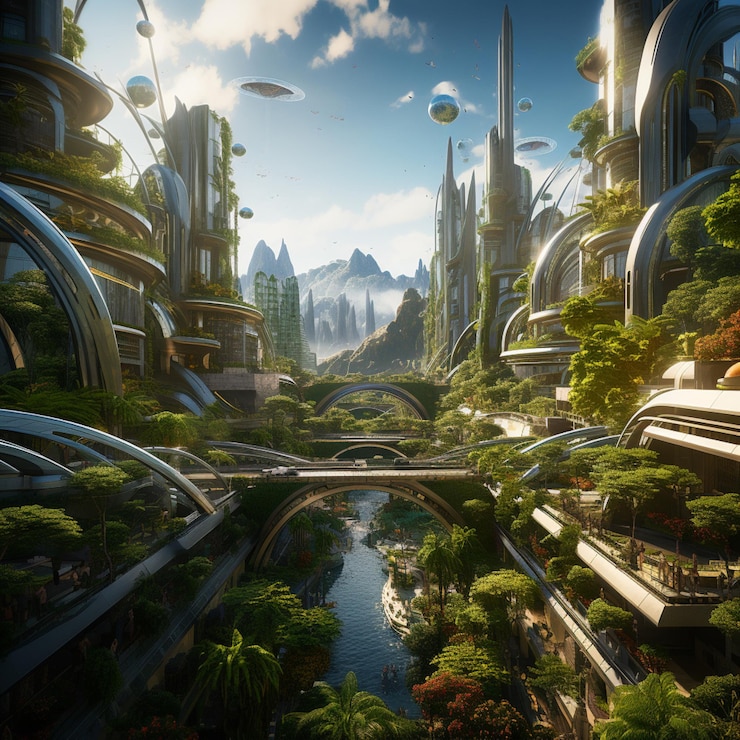 Arte digitale città utopica ottano rendering foto futuristiche arte generata da IA