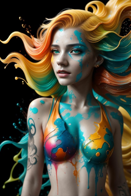 arte digitale di donna bionda in stile realistico con schizzi di vernice in verde giallo e blu