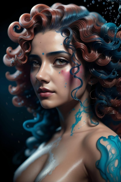 arte digitale di donna sexy in stile realistico con schizzi di vernice sul blu con i capelli arricciati