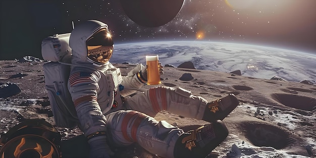 Arte digitale di un astronauta sulla luna che beve birra e guarda la Terra Concetto Arte digitale Astronauta Birra Luna Osservazione della Terra