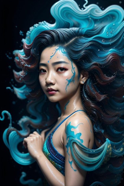 arte digitale di una donna asiatica in stile realistico con schizzi di vernice su blu con i capelli ricci