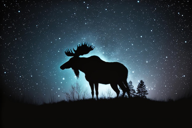 Arte digitale di una silhouette di un alce nel cielo notturno con le stelle