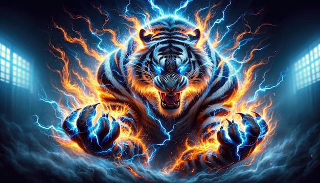 Arte digitale dinamica di una tigre che ruggisce in mezzo a una tempesta di fuoco e fulmini che simboleggia potenza e ferocia