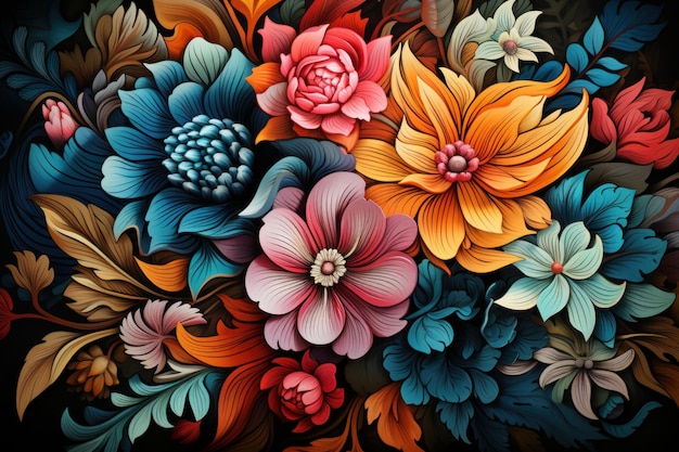 Arte digitale moderna astratta realizzata con fiori e foglie colorati