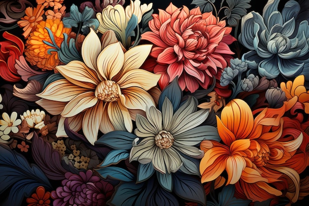 Arte digitale moderna astratta realizzata con fiori e foglie colorati