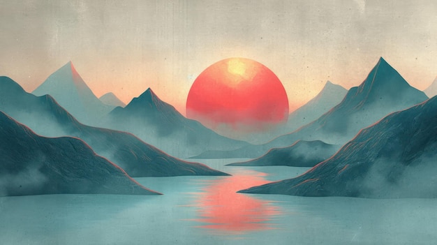Arte giapponese del tramonto Il tramonto su un sereno lago circondato da maestose montagne