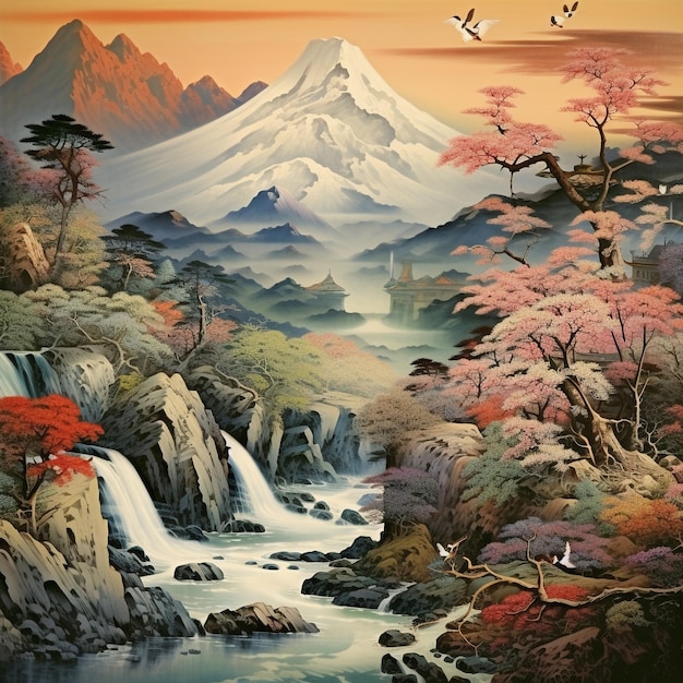 Arte giapponese su montagna e fiume