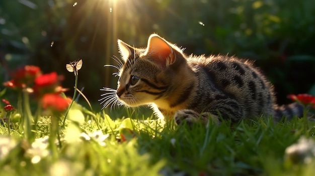 arte Giovane gattino che caccia una coccinella con retroilluminazione