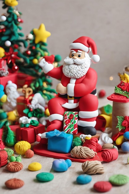 Arte in argilla di un Natale che mostra un Babbo Natale intorno agli ornamenti di Natale
