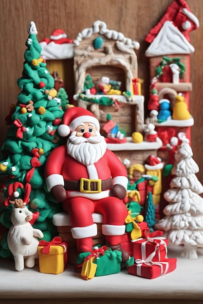 Arte in argilla di un Natale che mostra un Babbo Natale intorno agli ornamenti di Natale