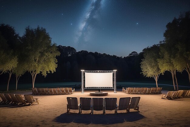 Arte in un cinema all'aperto sotto le stelle modello con spazio vuoto bianco vuoto per posizionare il vostro design