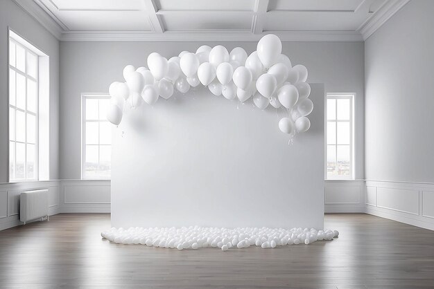 Arte in un modello di stanza pieno di palloncini galleggianti con spazio vuoto bianco vuoto per posizionare il tuo disegno