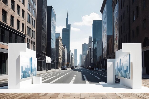 Arte in un paesaggio urbano virtuale con elementi interattivi mockup con spazio bianco vuoto vuoto per posizionare il vostro disegno