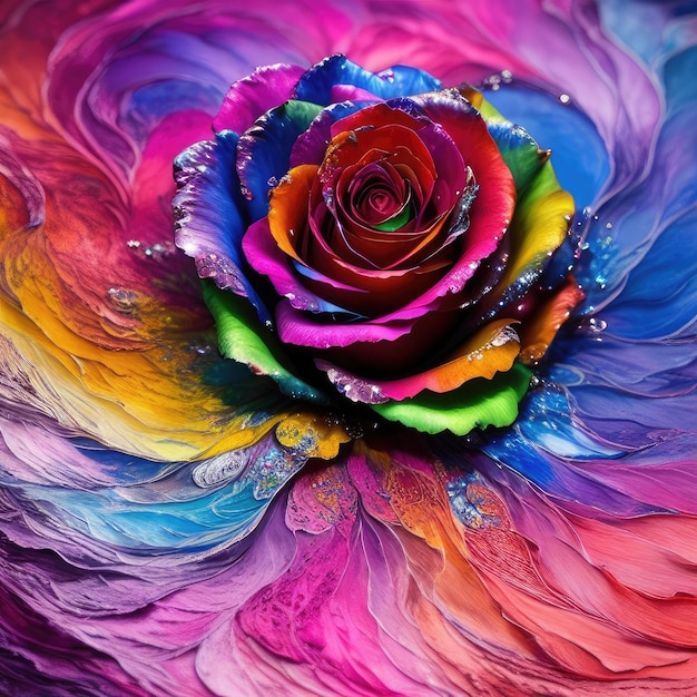 Arte multicolore e voluminosa di un primo piano del bocciolo di rosa IA generativa