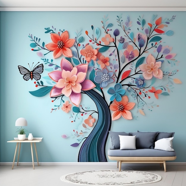 Arte murale 3D per interni con fiori multicolori e foglie di farfalle sopra l'albero