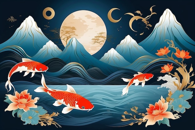 Arte murale di lusso di eleganza orientale con temi di Koi Fish Ocean e Mountain