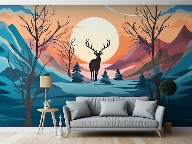 Arte murale moderna astrazione 3d con cervi blu e dorati animali tramonto montagna e alberi