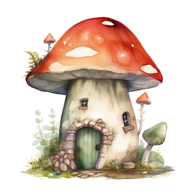 Arte piatta di una piccola Mushroom House digital Watercolor Art Isolated on white Genera ai