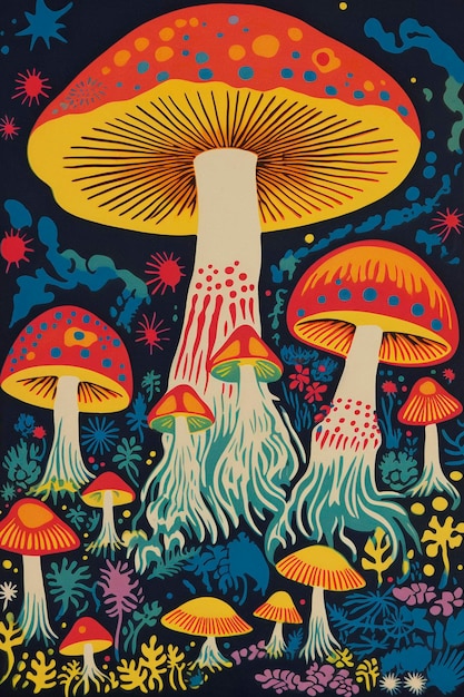 Arte poster di funghi psichedelici vintage IA generativa