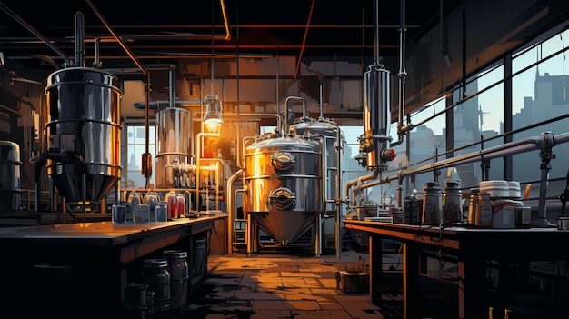 arte vettoriale di disegni del processo di produzione della birra teleobiettivo illuminazione realistica grigio scuro