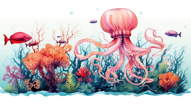 Arte vettoriale di paesaggi oceanici creativi con meduse, polpi, granchi narvali e cavallucci marini