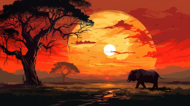 arte vettoriale di scena di tramonto a colori paesaggio africano con silhouette bestia selvaggia illustrazione vettoriale