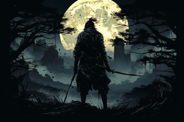 Arte vettoriale di un terrificante Ronin in piedi nella foresta di notte Silhouette nera del guerriero samurai giapponese contro la foresta di notte