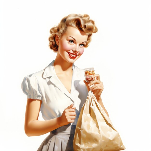 Arte vintage Sarah in grembiule con sacchetto di zucchero su sfondo bianco