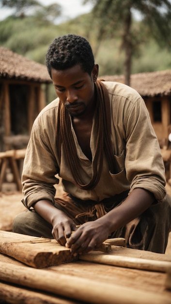 Artesano africano tallando madera en su taller al aire libre