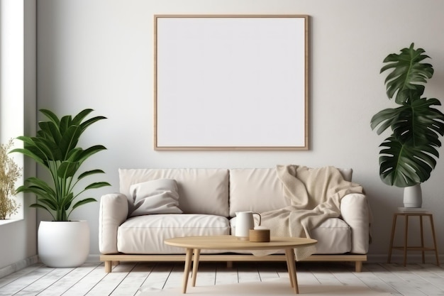 Artful Living Comodo soggiorno con divano per il posizionamento di arte a parete Generativa AI