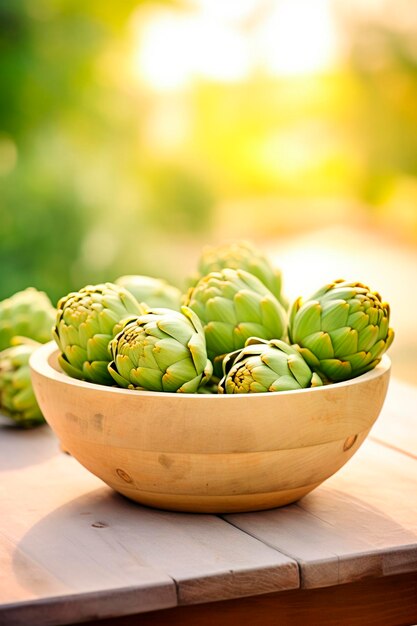 Artichocche in una ciotola sullo sfondo del giardino Focalizzazione selettiva