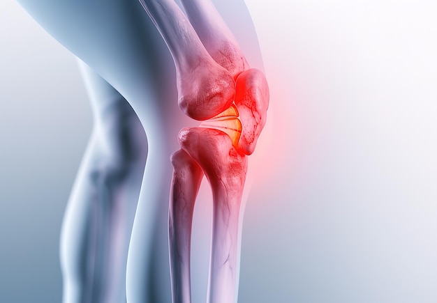 Articolazione del ginocchio umana che mostra aree di dolore e infiammazione per uso medico
