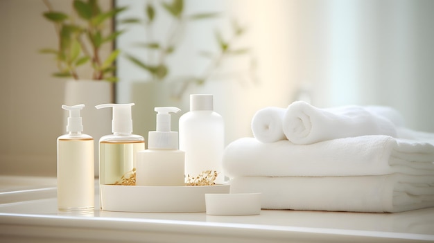 Articoli da toeletta sapone creme e lozioni su sfondo sfocato spa bagno bianco