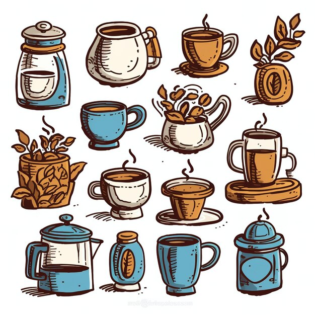 articoli di caffè illustrazioni dipinte a mano set di clip art