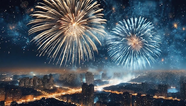 articoli pirotecnici e fuochi d'artificio sullo sfondo della città con il cielo della città