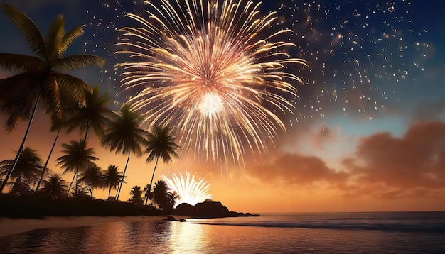 articoli pirotecnici e fuochi d'artificio sullo sfondo della spiaggia