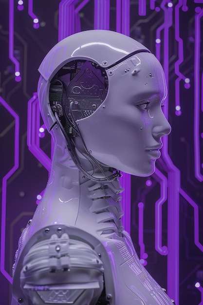Artificial Intelligence a cyber human on a purple tones background